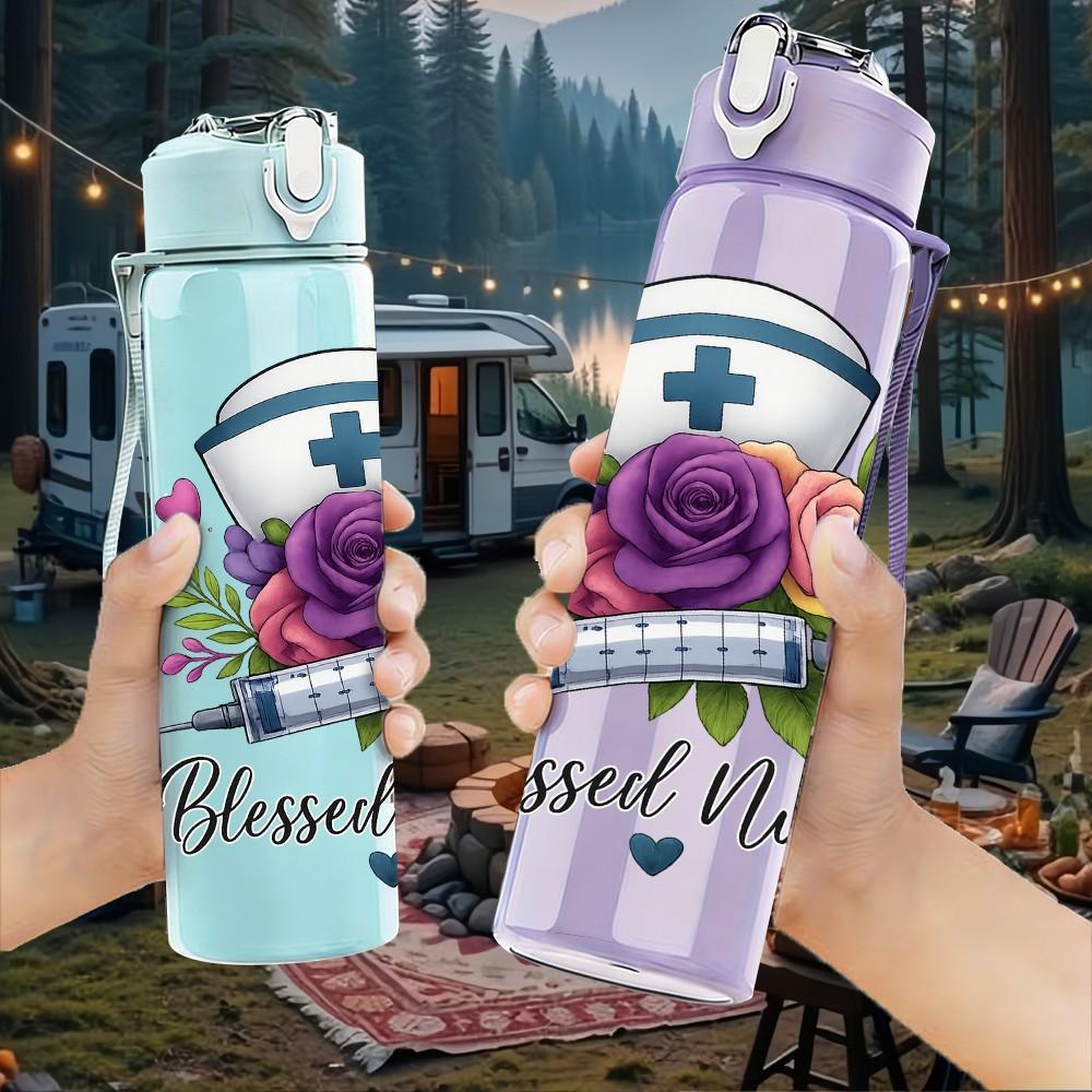 1PC Blessed Nurse Flower Badge 750ml Color Plastic Sports Water Bottle Leakproof Flip Straw Lid Suitable for Sports Office Home Use