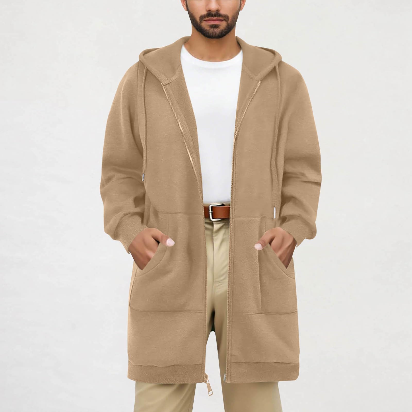 

Long Hoodies For Men Zip Up Hooded Sweatshirts Long Sleeve Fleece Pullover Tops Fall Winter Coats With Pockets XL хаки