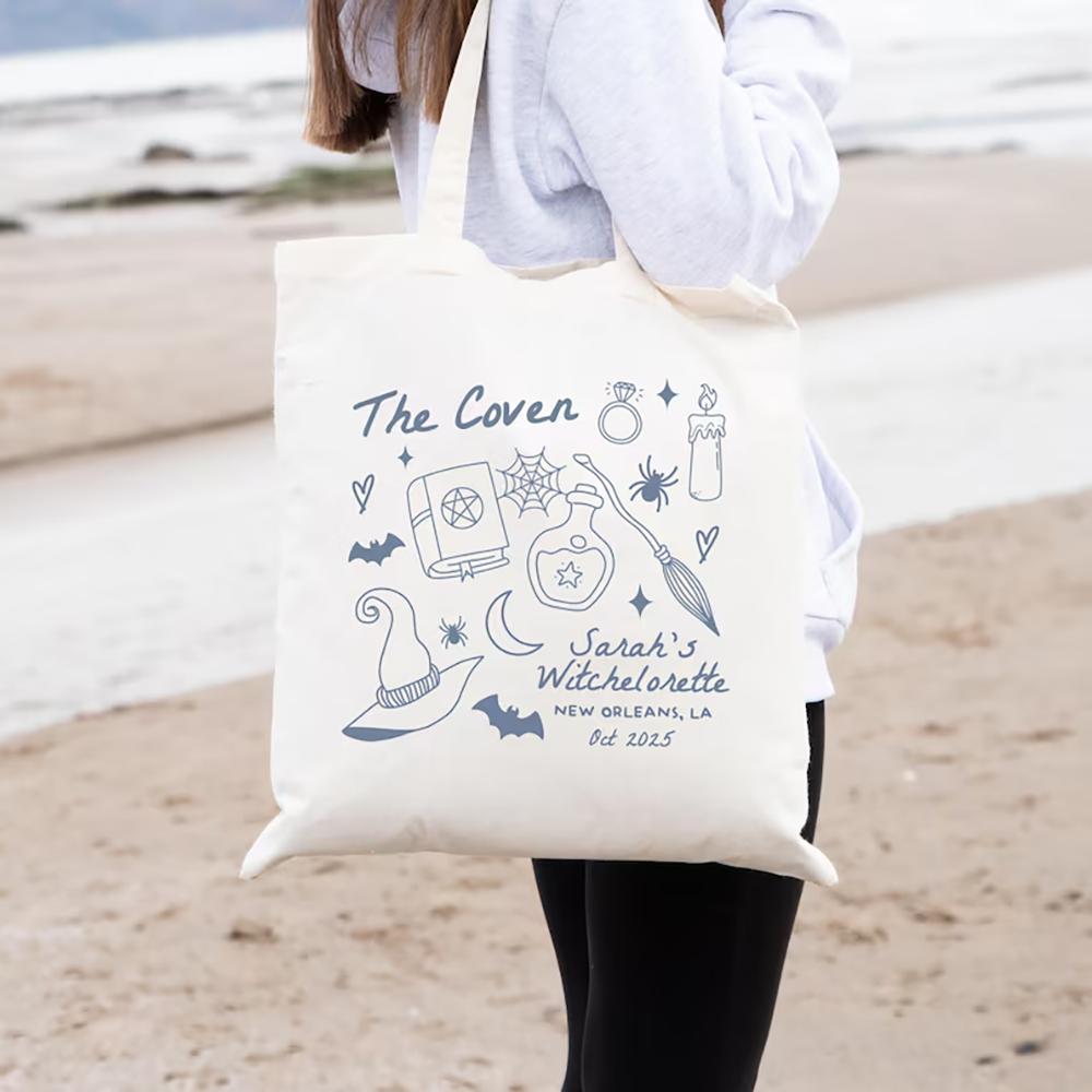Custom Coven Bachelorette Tote Bag Witchy Bach Party Decor Supplies Spooky Bach Tote Halloween Gothic Witch Bridal Party Bag