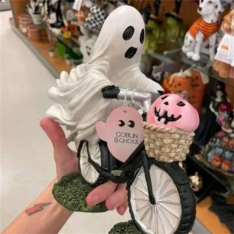 Ghostly Riding on Bicycles with Pumpkin Figurine Sculpture Indoor and Outdoor Resins Ornament Halloween Party Decoration