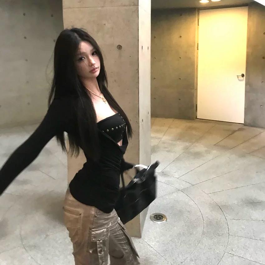 Y2k Punk Two Pieces Tops Irreugal Rivet Tops + Sleeveless Tank Streetwear Americal Retro 90s Black Tee Tops E-girls