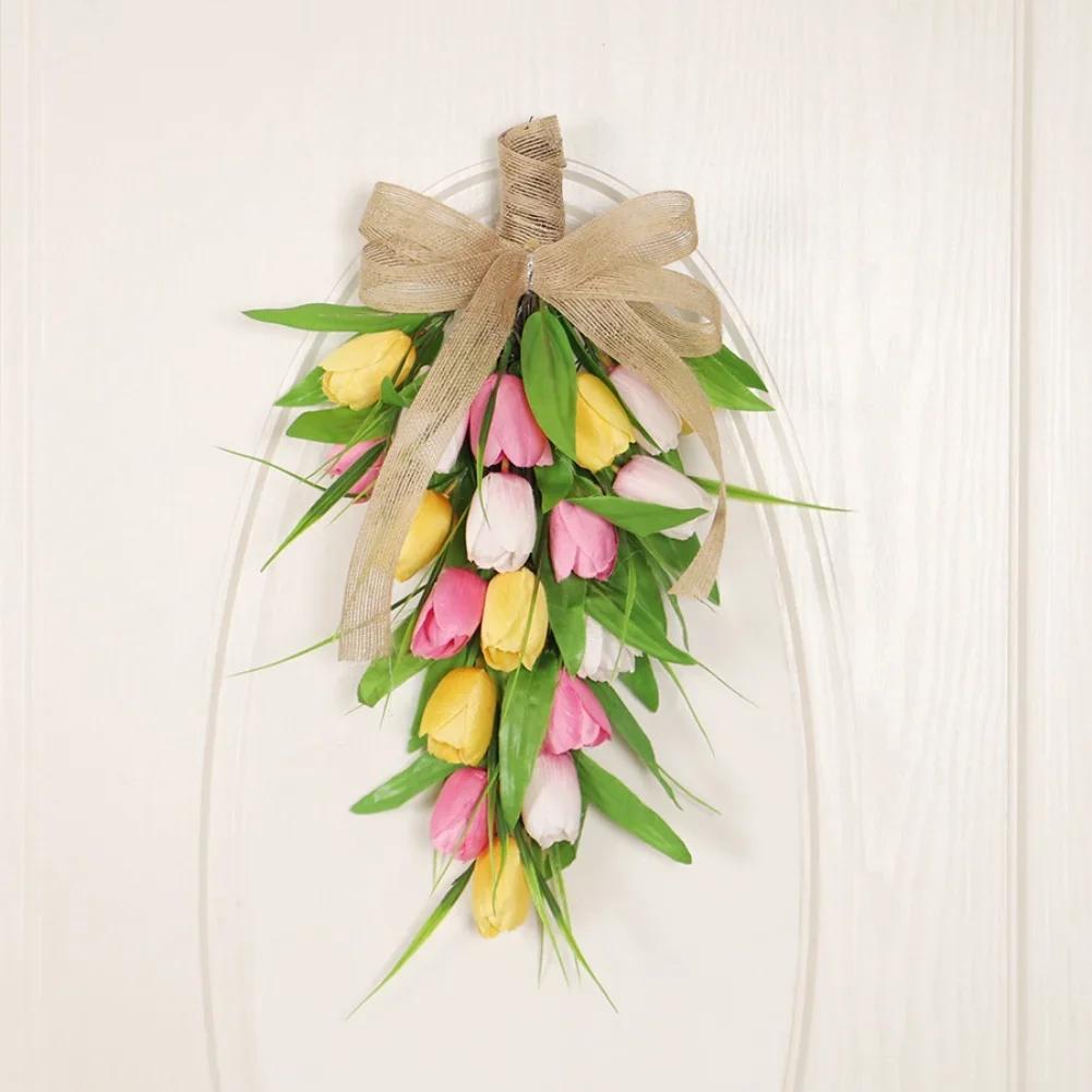 Spring And Summer Decor Artificial Tulips Swag Home Front Door Decor Handmade Floral Arrangement Indoor Outdoor Use