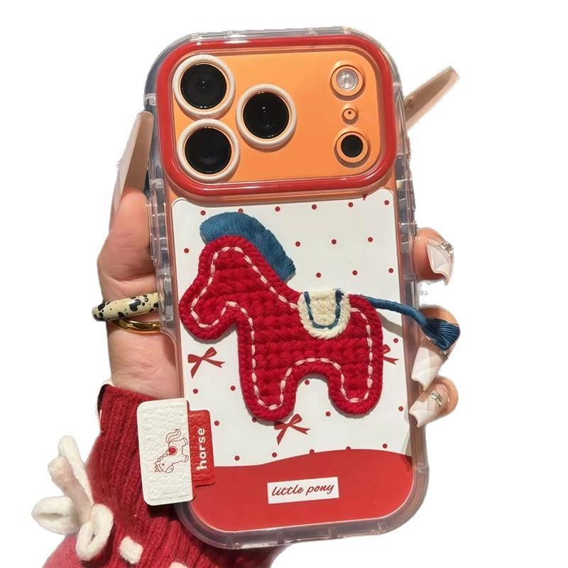 New Year's Embroidery Pony Bracket Is Suitable for Apple 17/16promax Mobile Phone Case IP15 Puff Feather Yarn 14/13 Set