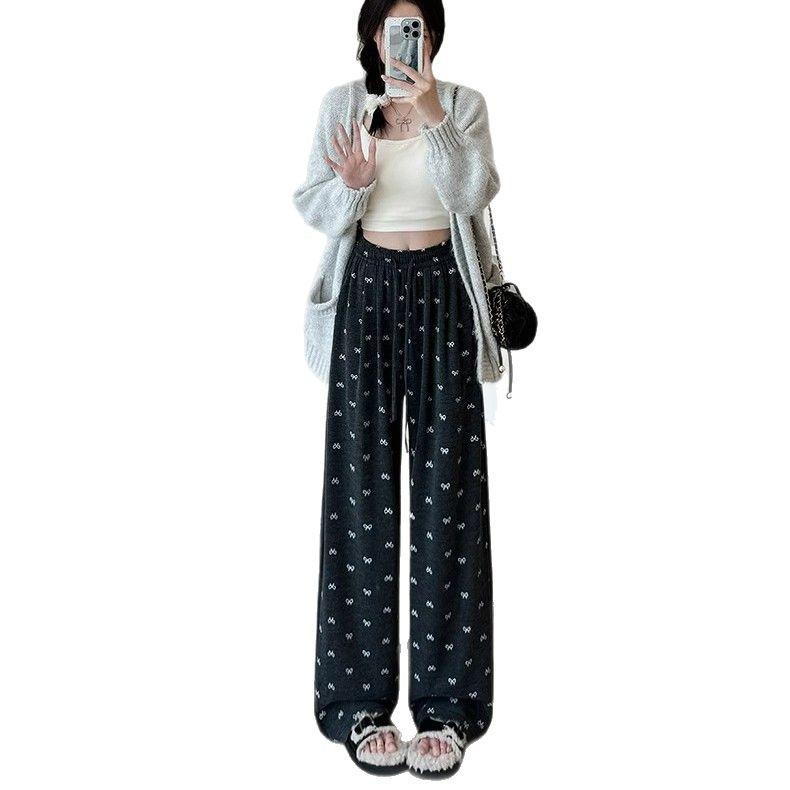 Petite Bow Print Wide-Leg Pants for Spring & Autumn - Korean Design, Drape Slimming Straight Leg (Sizes 145-150)