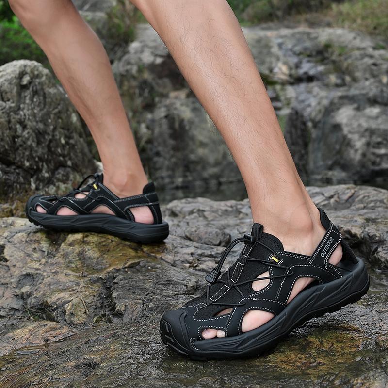 Fashion Durable Rubber Sole Outdoor Walking Sandals Quick Dry Mens Sandals Adjustable Solid Color Summer Shoes Casual Comfy Beach Flats