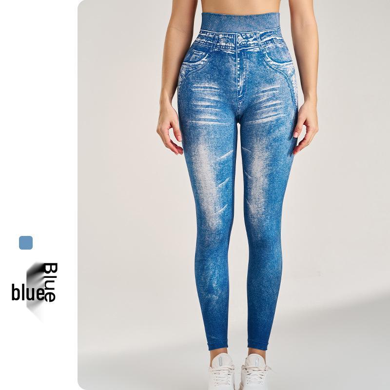 

High-Waisted Faux Denim Butt-Lifting Yoga Leggings (Plus Size) S синий