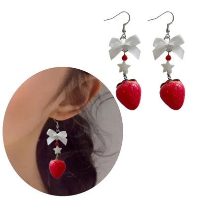 Handgefertigte Schleifen-Erdbeer-Ohrringe Frucht-Hängeohrringe Wasserdichte Ohranhänger Modeschmuck für Damen