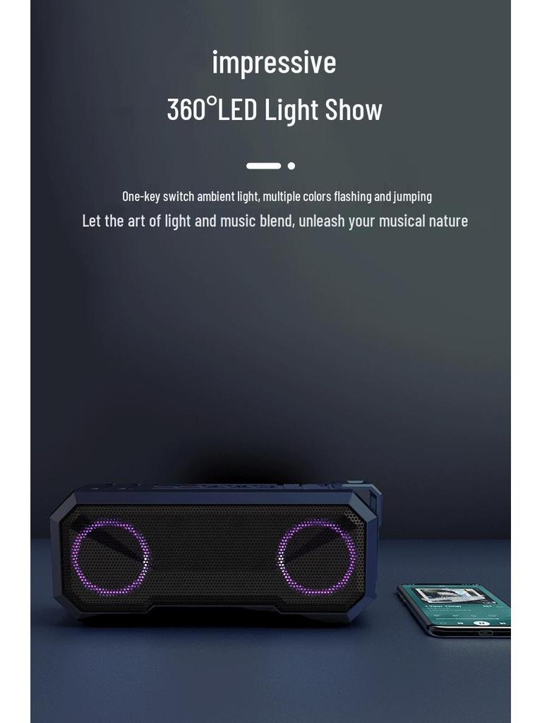 X8 Waterproof Bluetooth Speaker with Power Bank, Luminous Outdoor Subwoofer, Colorful Lights, and IPX7 Rating.