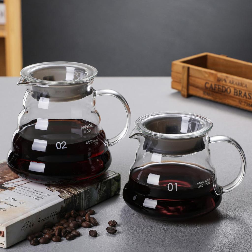 FGIUKC Coffee Server, Heat-Resistant Glass, 360ml Coffee Dripper with Graduations, Serves 1-2 People, Microwave Safe, with Lid, Hand Drip Coffee