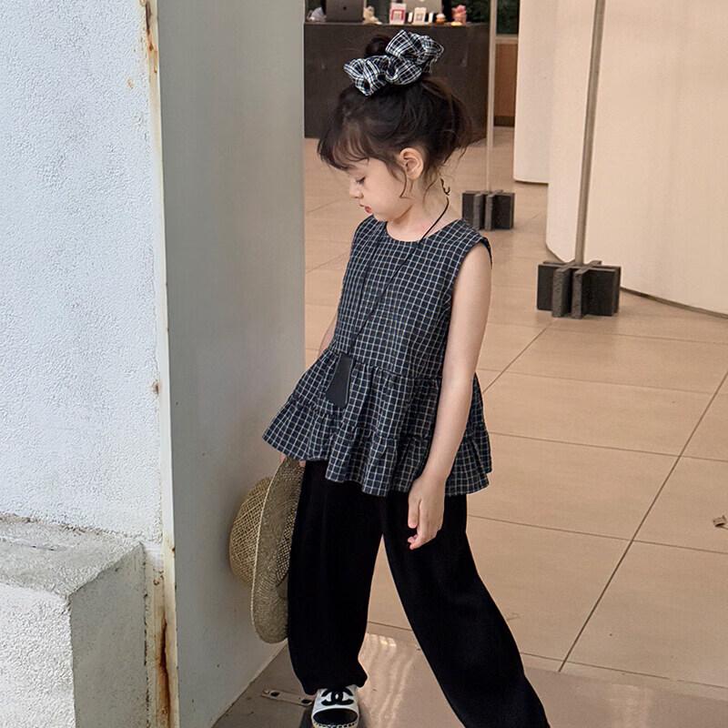 Girls  Korean Style Plaid Ruffle Sleeveless Top 120 cm