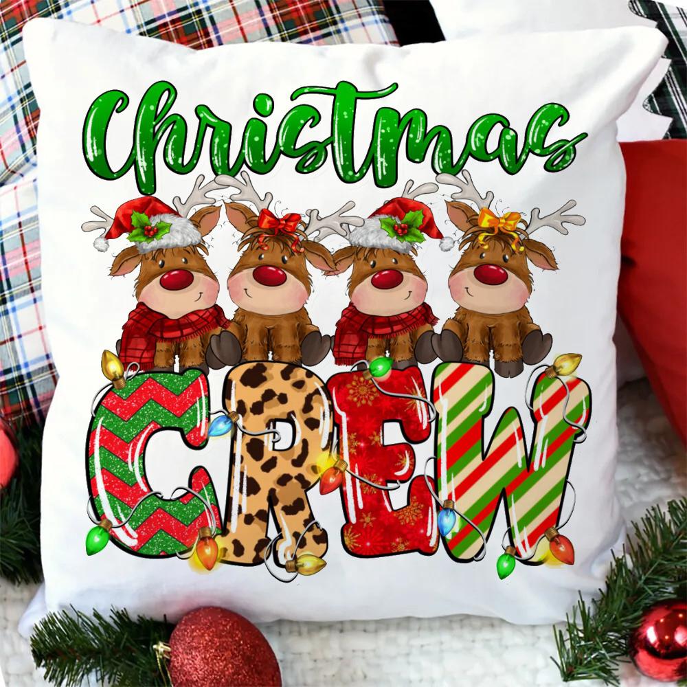 Christmas Crew Deer Print Pillow Case Winter Party Decor Home Cushion Cover Fall Holiday Pillowcase Xmas Gift for Family Friends