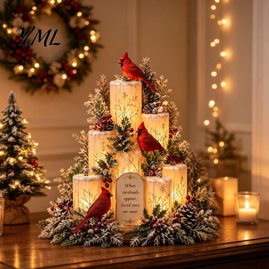 Christmas Cardinals Table Centerpiece Lighted Centerpiece, Memorial Red Bird Figurine, Light Up Tribute for Loss of Friend Ornament Home Mantel,