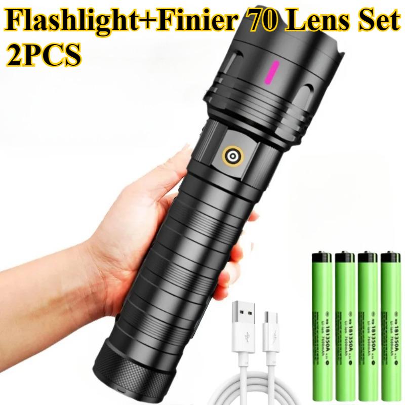 1/2PCS High Power Long Range LED Flashlight Zoomable Type-C Rechargeable Tactical Handheld Light for Outdoor Camping Fishing