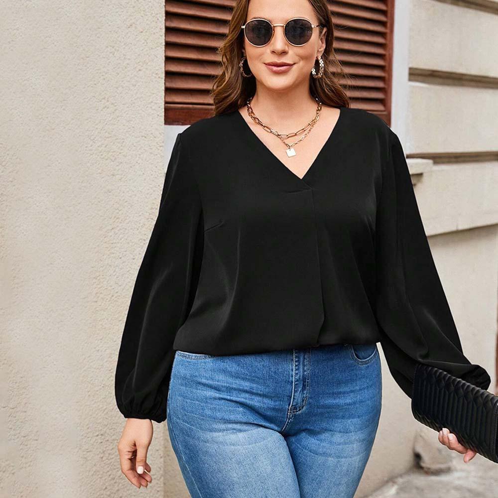 Large size women's simple intellectual style T-shirt spring and summer fashion versatile V-neck slim top