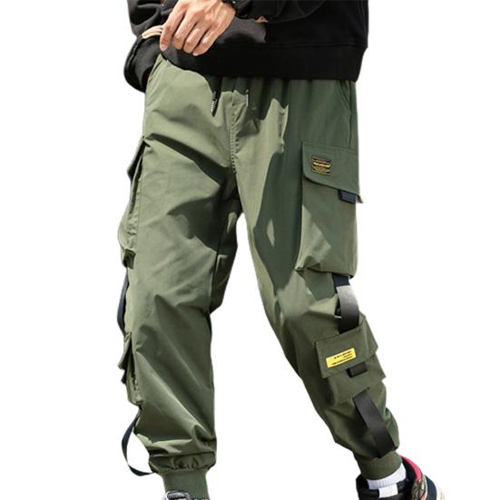 Men Cargo Pants Side Pockets Stretchy Waist Drawstring Strap Decor Ankle-banded Jogger Pants Daily Clothes