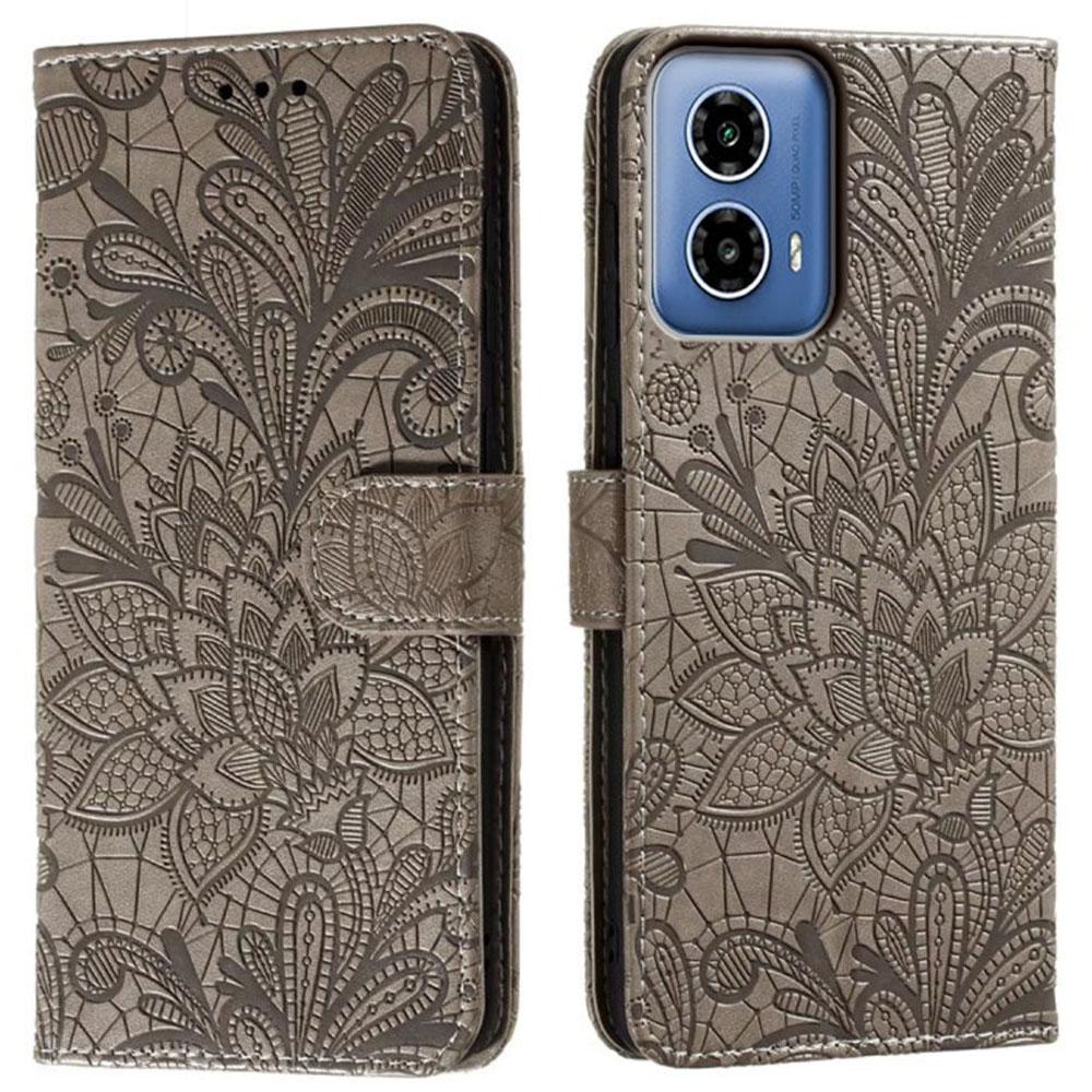 Priekš Motorola Moto G34 5G Maciņš Mežģīņu Ziedi PU Āda Atlokāms Maks Telefona Vāciņš