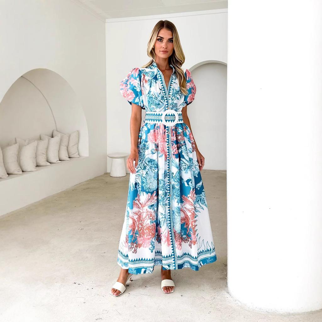 A New Summer Fashion and Casual Long Dress with Tied Prints