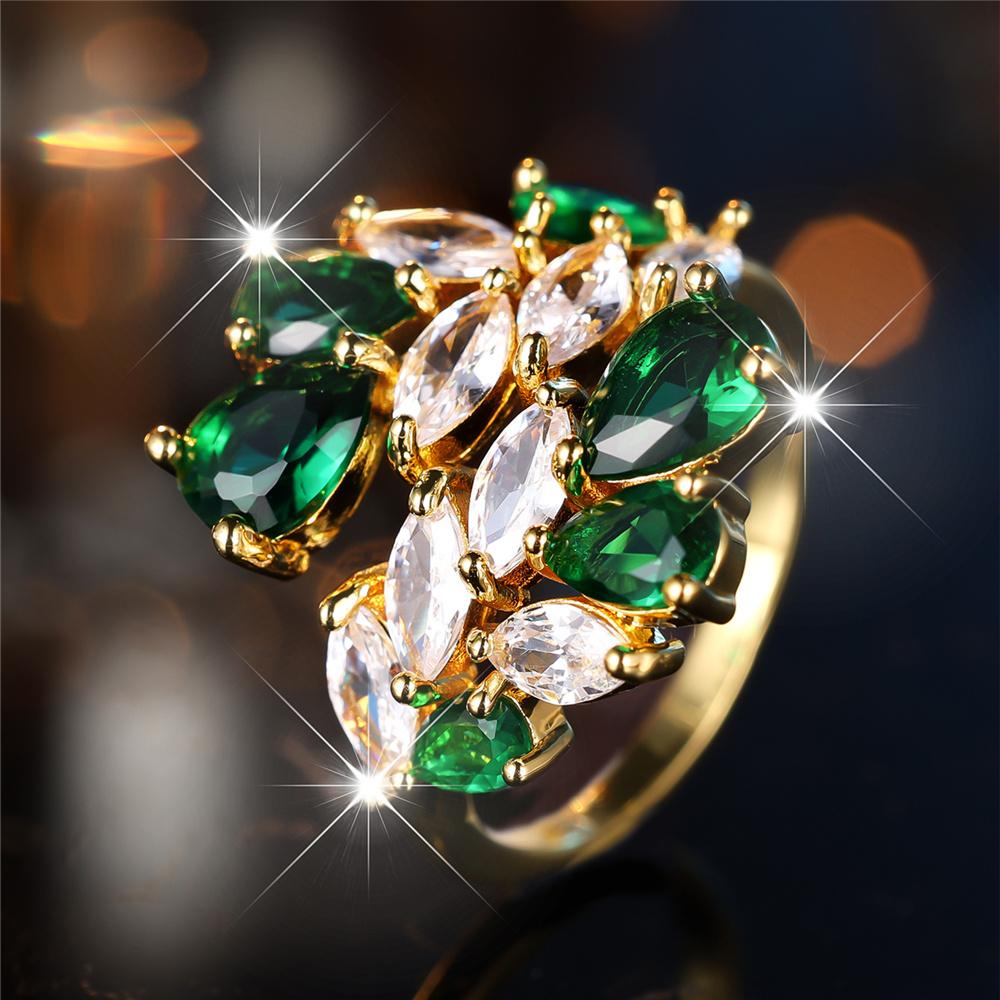 Luxury Female White Green Zircon Stone Water Drop Finger Ring Vintage Gold Color Wedding Band Bridal Jewelry For Women