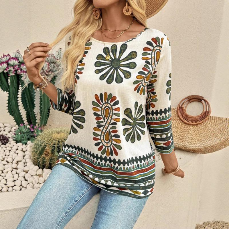 Womens Floral Print Round Neck Pullover Mid Sleeve Top S