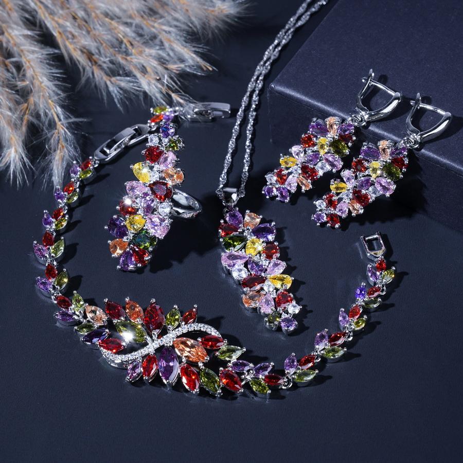 

Роскошные изысканные многоцветные циркониевые посеребренные комплекты ювелирных изделий для женщин Серьги Ожерелье Кольцо Браслет Свадебный подарок