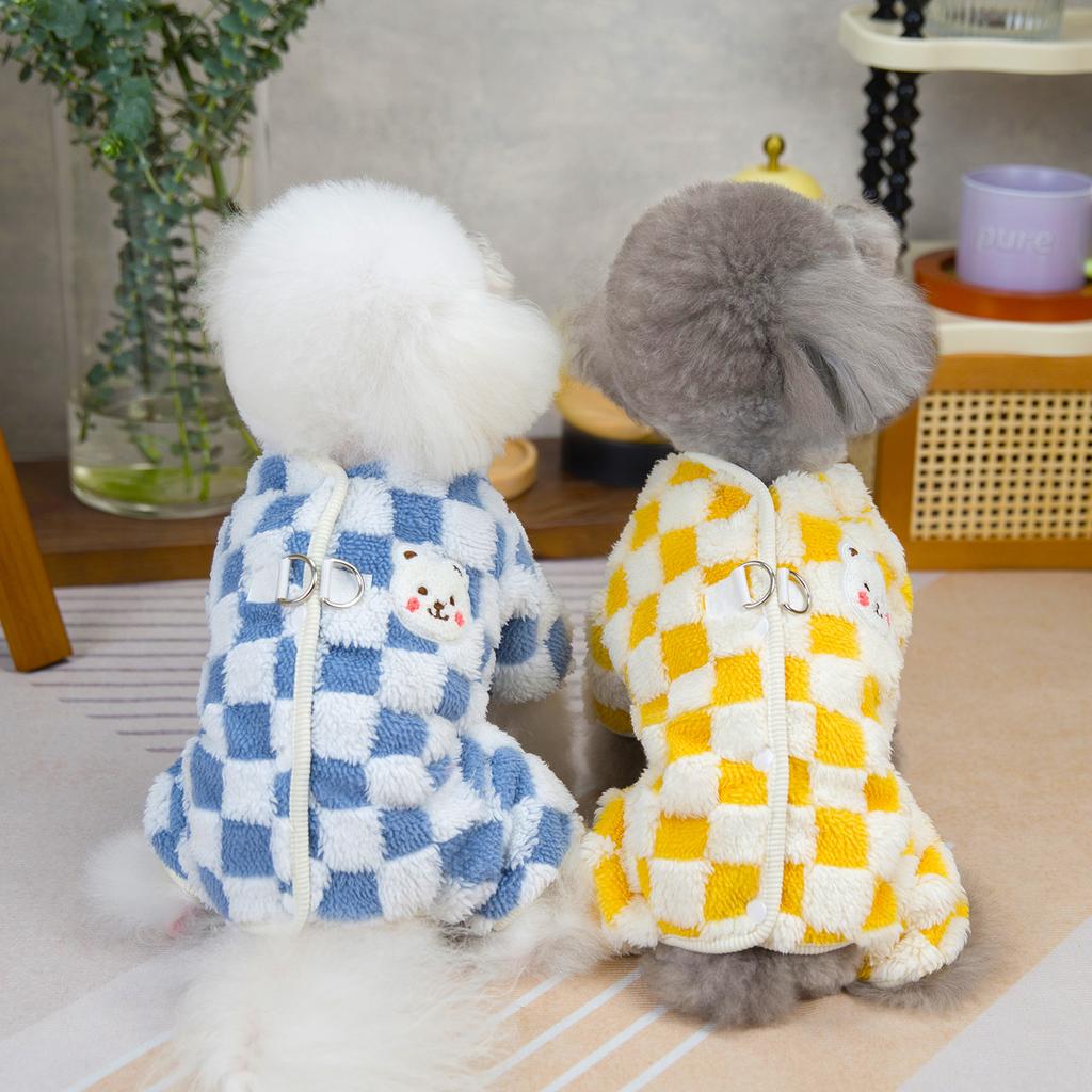 Checkerboard Dog And Cat Fall And Winter Four-Legged Coat Small Dog Warm Coat Lambswool College Style Pet Cold Weather Clothing