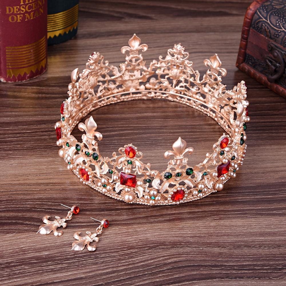 Wedding Retro Round Large Crown Luxurious Baroque Red Bridal Wedding Crown Earrings Set