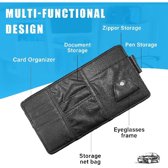 Augeny Car Sun Visor Organizer, Leather Personal Belonging Storage Pouch With Zipper, Car Visor Storage Pouch Sunglasses Holder, Auto Interior