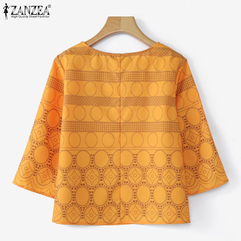 ZANZEA Women Casual Round Neck Summer 3/4 Sleeve Print Blouse