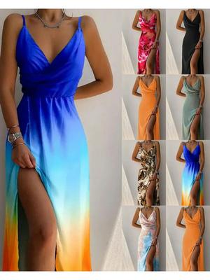 Elegant Women Sexy Long Dresses 2026 Summer Fashion Print Gradient Solid Out Off Shoulder V-Neck Female Camisole Dress S-XXXL