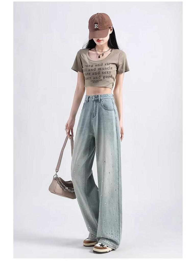Spring & Autumn 2025 Women's High-Waisted Light Wide-Leg Jeans: Trendy Versatile Slimming Straight-Leg with Hot Drill Design.