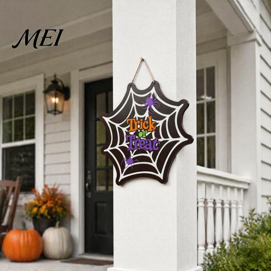 Spooky Home Party Supplies Wooden Halloween Door Hanger Sign, Spider Web Hanging Trick Gift for Friends or Treat Plaque, Rustic Farmhouse Entryway