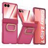 Para Samsung Galaxy Z Flip 7 com Protetor de Tela Embutido, Suporte de Anel Proteção da Dobradiça Capa Robusta à Prova de Choque Capa Translúcida Fosca - Vermelho Rosa