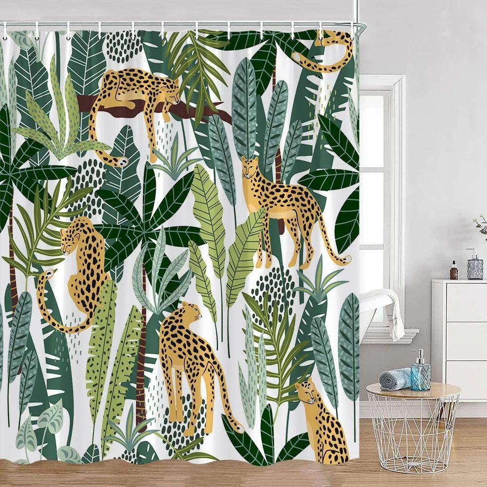 Tropisches Tier Duschvorhang Leopard Wildtier Flamingo Papagei Zebra Grüne Pflanze Palmenblatt Badezimmer Vorhang Dekoration