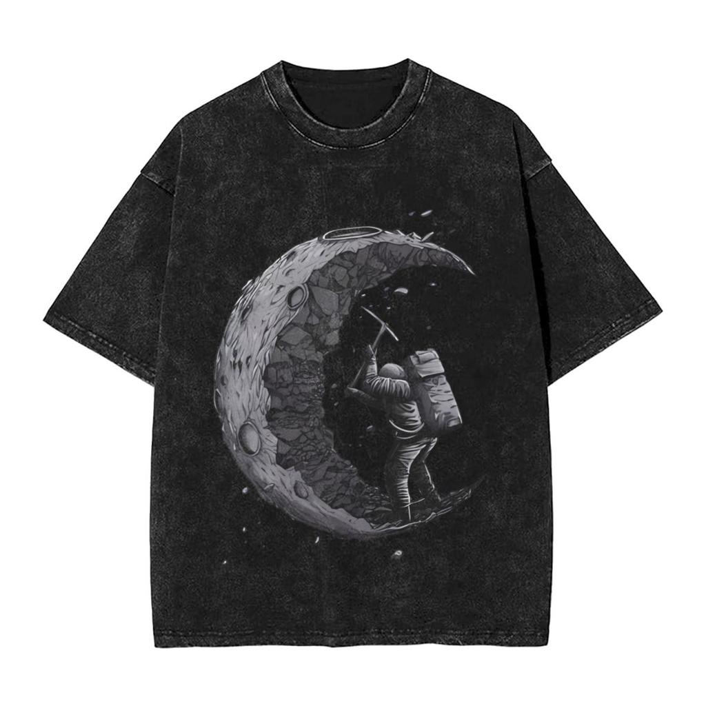 Astronauts Cherish The Lunar woman Men Cotton Washed Hot stamping Print Harajuku Cotton Mens Summer Short Sleeve Tees