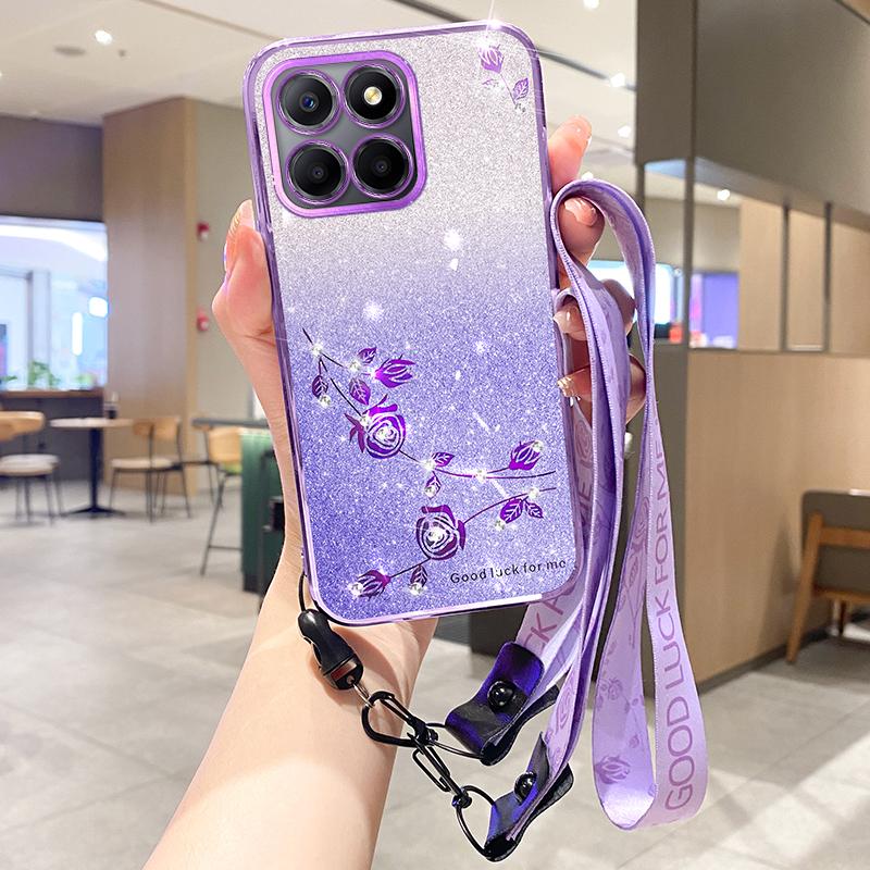 

KADEM For Honor X8 5G/X6 4G/70 Lite 5G Anti-Fingerprint TPU Phone Case Glitter Flower Pattern Gradient Cover with Strap Purple