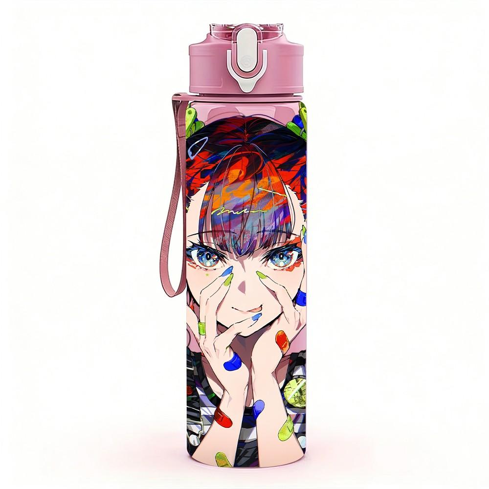 1PC Anime Boy Character Pop Graffiti Style Art 750ml Color Plastic Sports Water Bottle Leakproof Flip Straw Lid Suitable for Sports Office Home Use