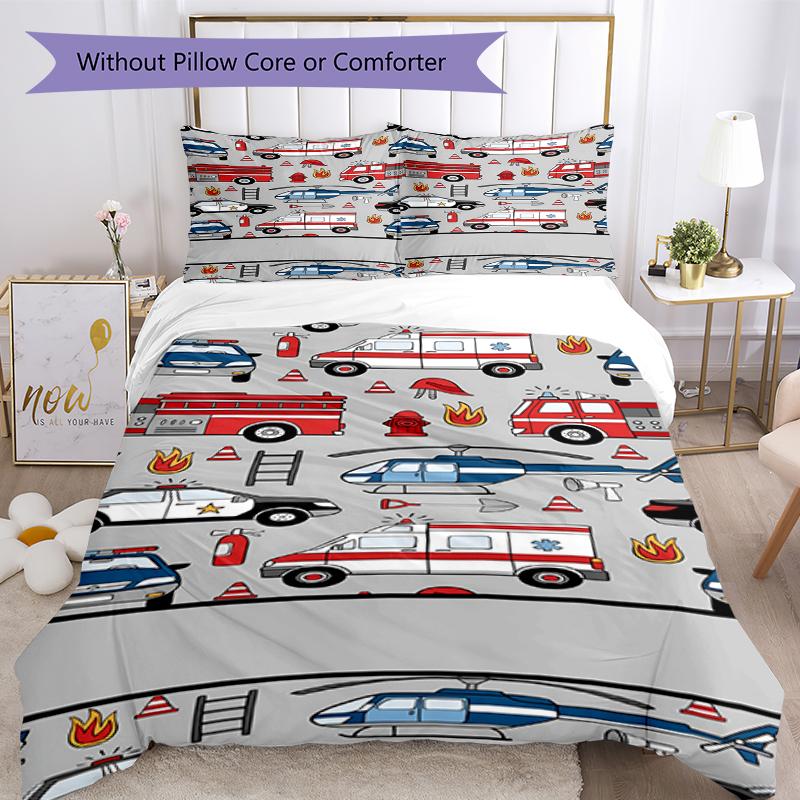3pcs fire trucks police cars Bedding Set Duvet Cover Closure Includes 1 Duvet Cover & 2 Pillowcases, Soft and Comfortable for All Seasons.