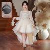 Children's High-End White Sequin Princess Dress - Short Front, Long Back, Perfect for Piano Performances, Weddings, and Autumn Flower Girl Events