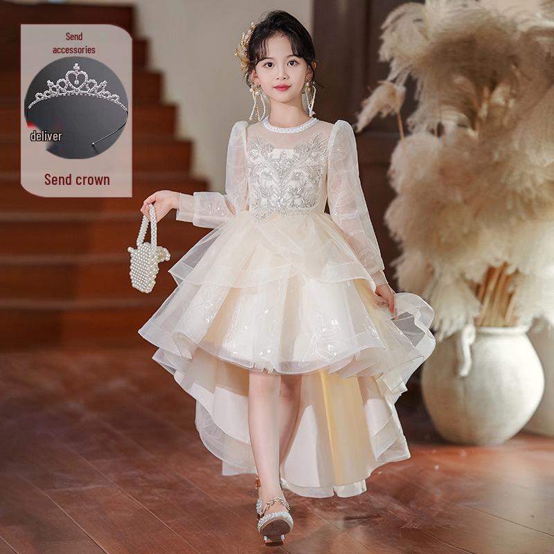 Children's High-End White Sequin Princess Dress - Short Front, Long Back, Perfect for Piano Performances, Weddings, and Autumn Flower Girl Events
