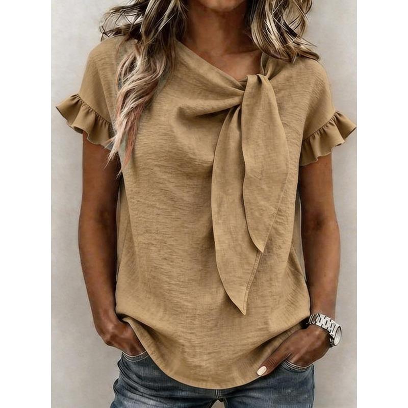 Womens Casual Solid Color Round Neck Short Sleeve Bow Knot T Shirt