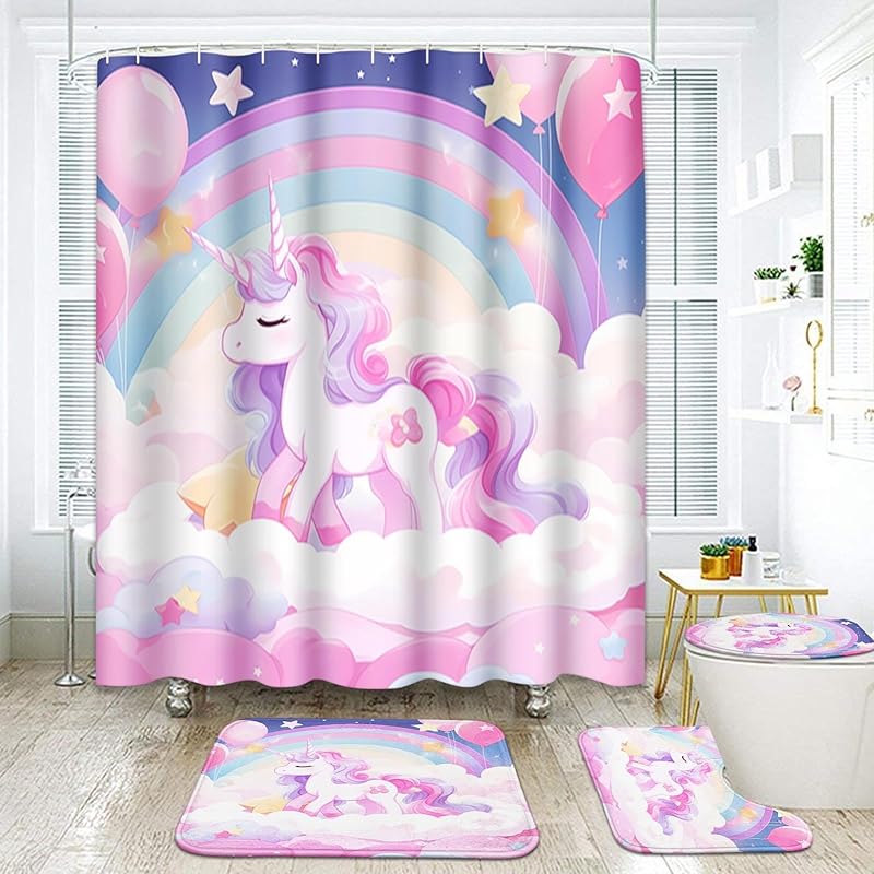 Arttown Unicorn Rainbow Balloon Bathroom Set with Shower Curtain and Rugs and Accessories, Pink Cloud Colorful Kids Shower Curtains, Modern Bathroom Unicorn Rainbow