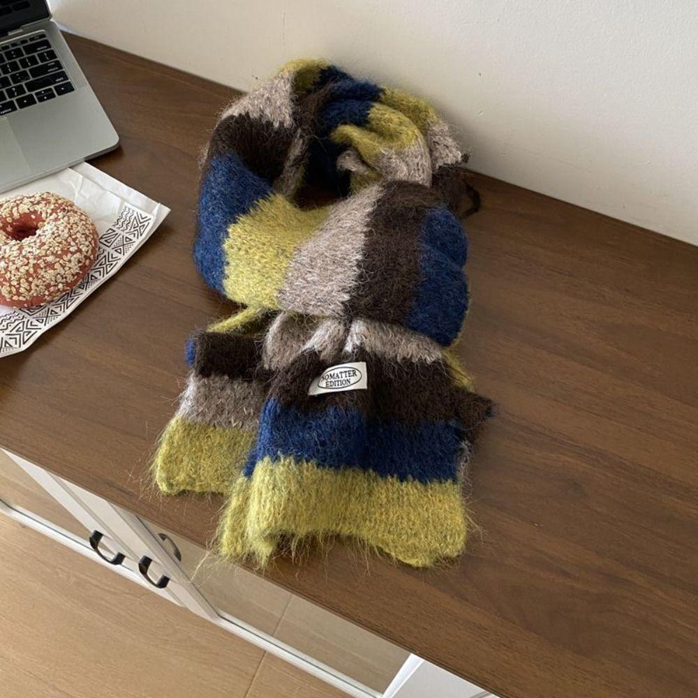Preppy Style Stripe Scarf Plush Knitted Shawl Simple Plaid Wool Scarf  Girl