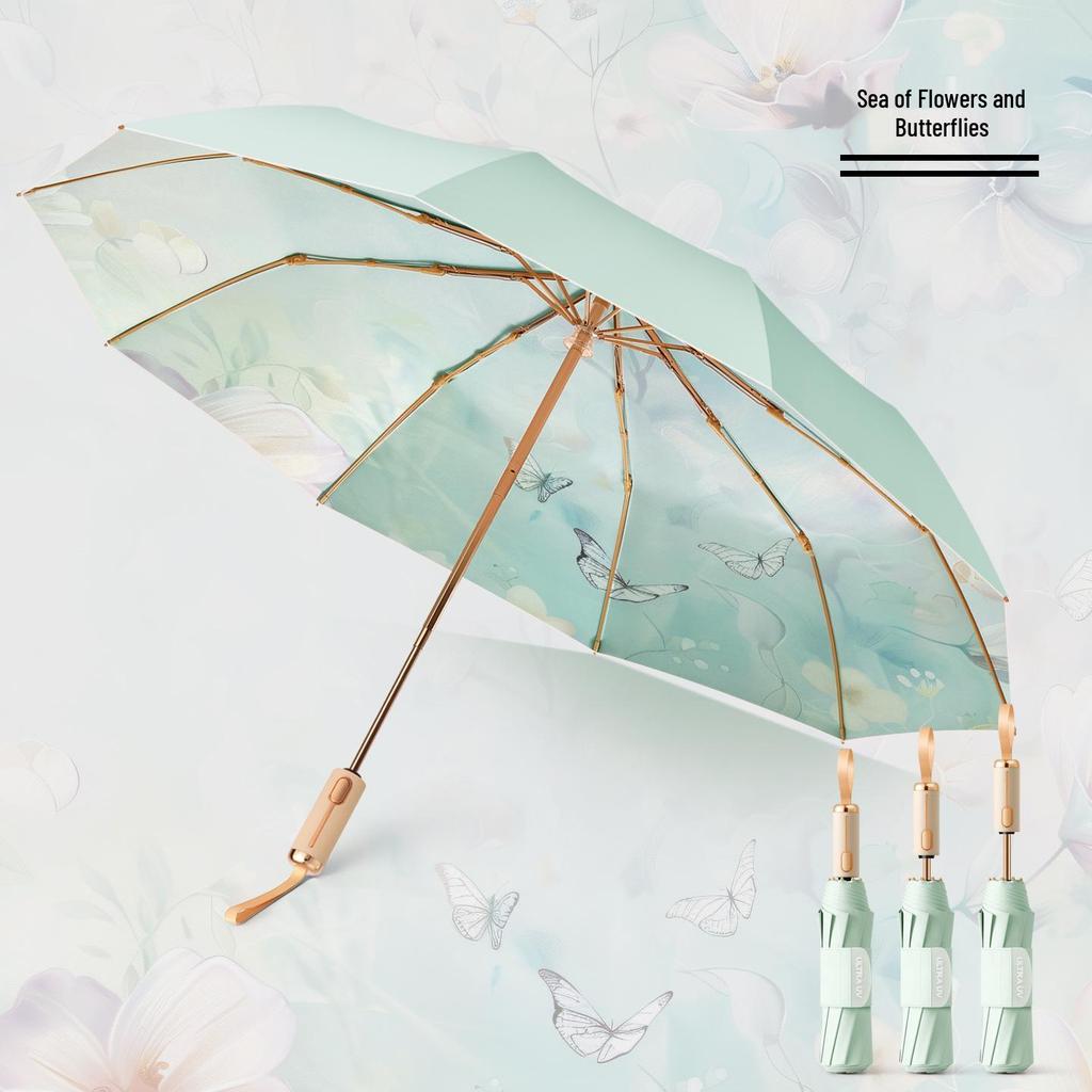 32-Rib Women’s Folding Umbrella: Dual-use for Sun & Rain, UV Protected, Colored Coating, Enlarged, Reinforced & Thickened.