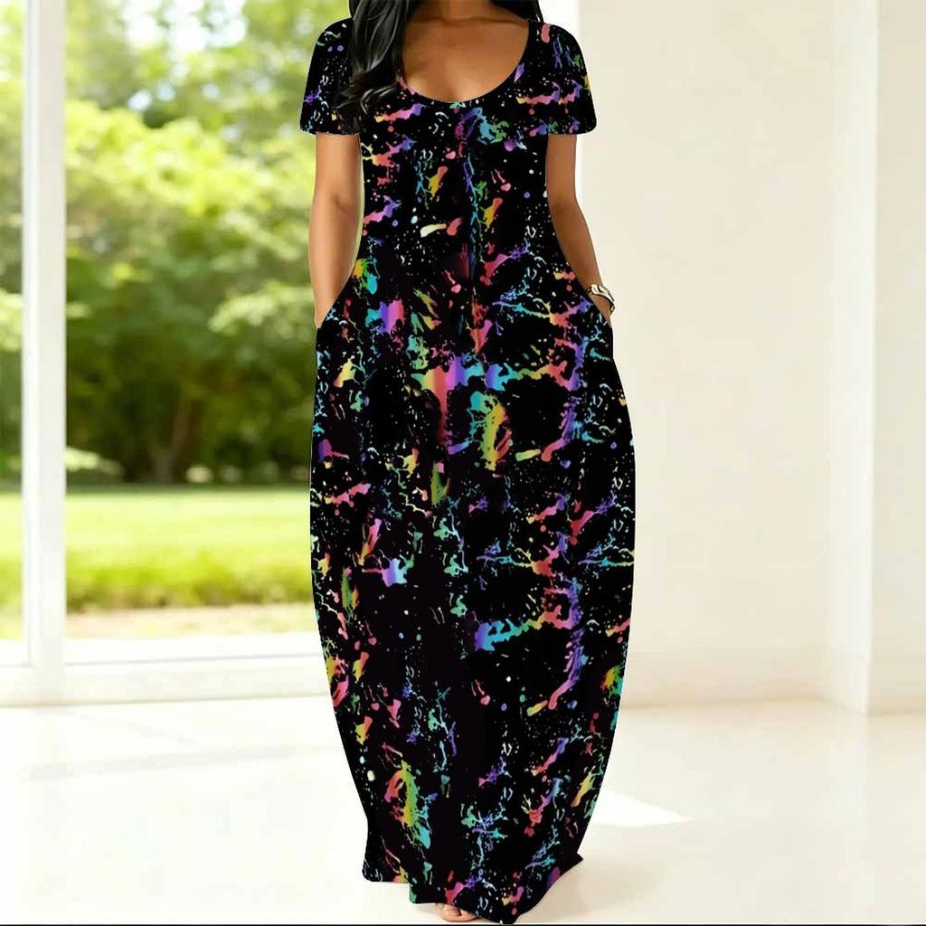 Ladies Curvy Fit Crew Neck Short Sleeve Dress Light Loose Outfit Designed For Summer Daily Hangouts