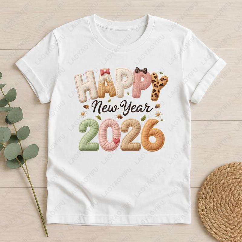 Frohes Neues Jahr 2026 Baumwollhemd für Erwachsene Festival-Stickerei-Stil Niedliche Schleife Grafik Schönes Damen-T-Shirt Kreativer Trend Kawaii Kleidung