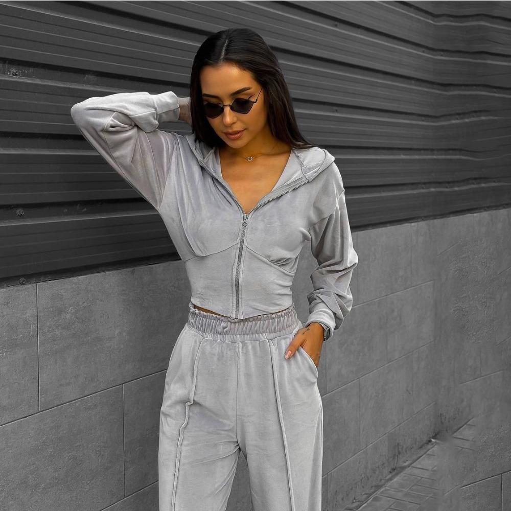 Spice Girl Waist Solid Color Slim Zipper Velvet Jacket Suit Street Style Fashionable Versatile Casual Trousers Women