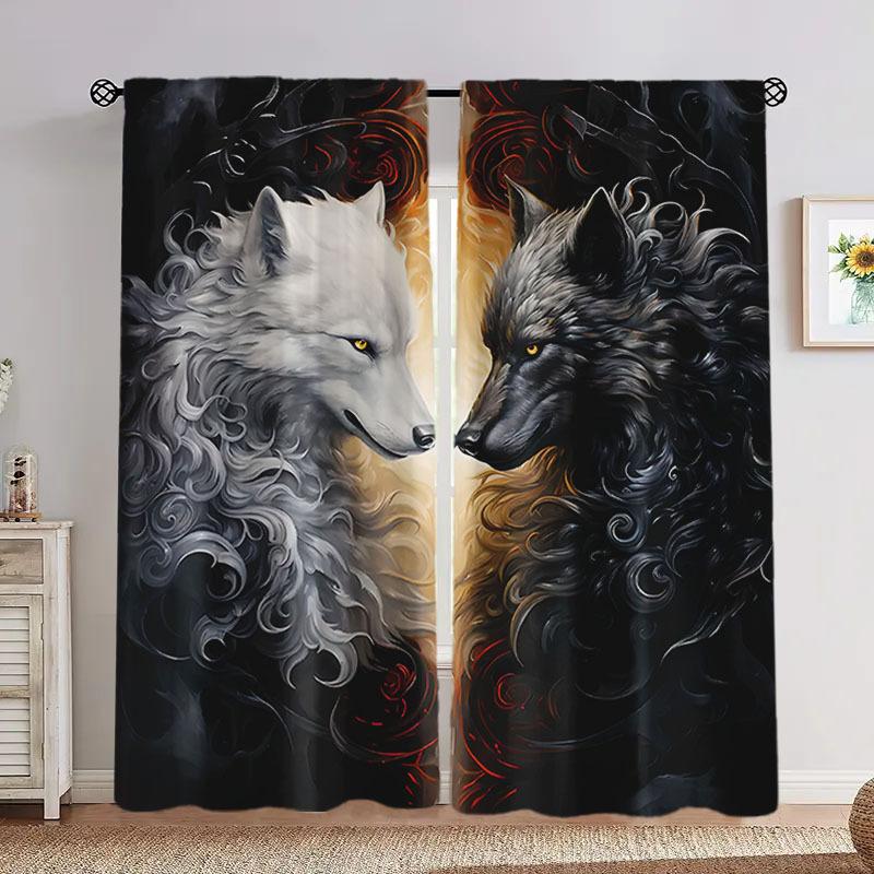 2 pieces of Black and white Wolf printed curtains, pole bag curtains 30*65, bedroom and living room, , home decoration
