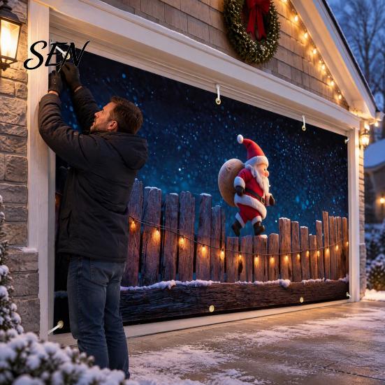 Outdoor Winter Party Supplies Christmas Garage Door Cover, Holiday Hanging Banner Backdrop, Decoration Santa Claus Snowman Truck Photography