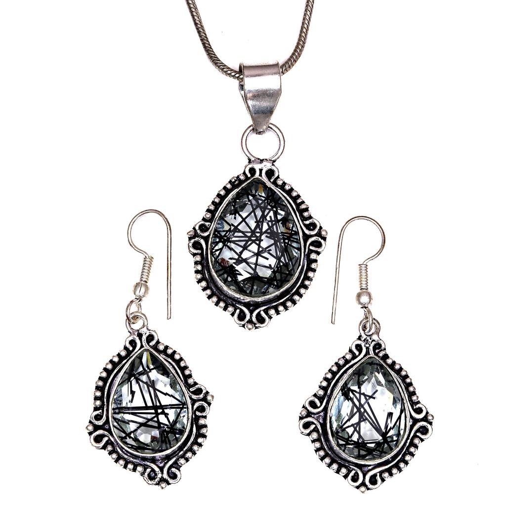 Black Rutile Set Pendant Jewelry Earring 18-20'' Gemstone Handmade