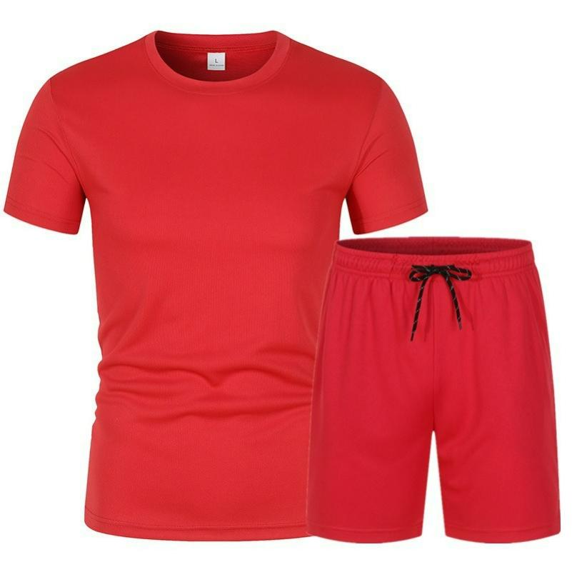 Mesh Short-sleeved Suit Summer Men's 2-piece Breathable Jersey T-shirt Sports Five-point Shorts Solid Color Casual Suit